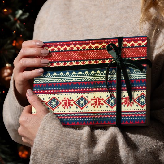 Papier Cadeau Marine Rouge Nordic Laid Sweat de Noël Envelopper