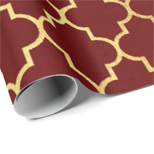 Papier Cadeau Maron rouge bordeaux Golden Quatrefoil Art Déco