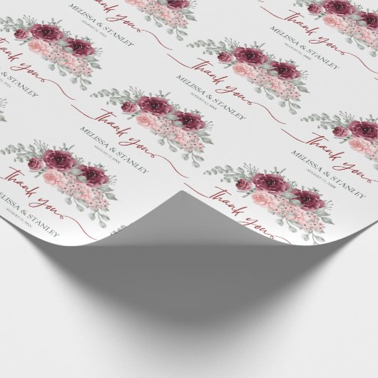 Papier Cadeau Marsala de Bourgogne rustique et Mariage floral ro (Coin)