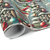 Papier Cadeau Martini de Noël Retro les années 50 Cranberry (Coin rond)