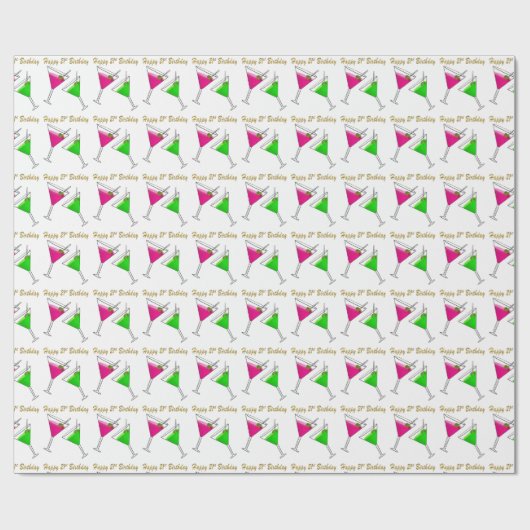 Papier Cadeau Martinis rose et vert 21e anniversaire (Plat)