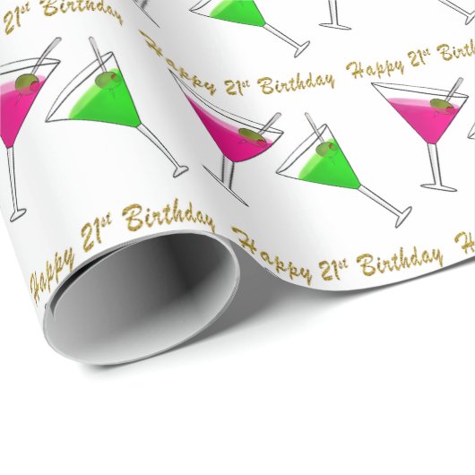 Papier Cadeau Martinis rose et vert 21e anniversaire (Coin rond)