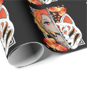 Papier Cadeau Masque Japonais Anime Girl Samurai Fleurs d'épée (Coin rond)