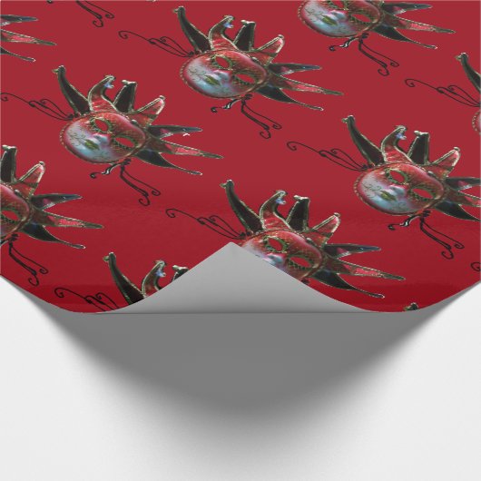 Papier Cadeau MASQUE JESTER ROUGE NOIR, Fête Mascarade, Blanc (Coin)