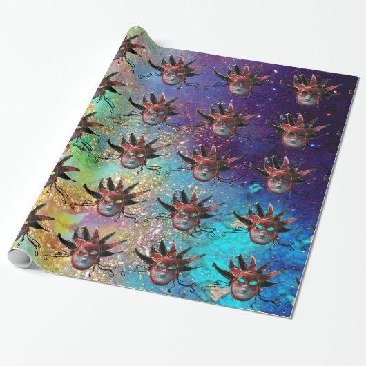 Papier Cadeau MASQUE JESTER ROUGE NOIR, Fête Mascarade, Blanc (Déroulé)