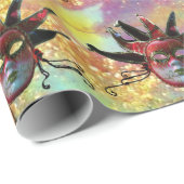 Papier Cadeau MASQUE JESTER ROUGE NOIR, Fête Mascarade, Blanc (Coin rond)