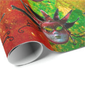 Papier Cadeau MASQUE JESTER ROUGE NOIR, Fête Mascarade, Jaune (Coin rond)