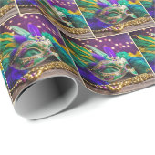 Papier Cadeau Masque Mardi Gras Avec Plumes (Coin rond)
