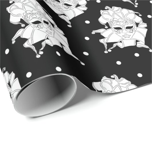 Papier Cadeau Masques de carnaval vénitien noir et blanc à motif (Coin rond)