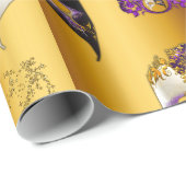 Papier Cadeau Masques vénitiens Joyaux pourpres Carnivale Or (Coin rond)