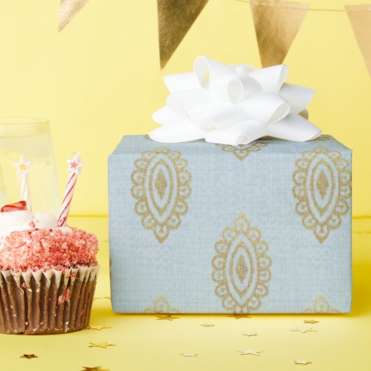 Papier Cadeau Médaillon Ikat Glittery - Sky Blue & Gold (Fête d'anniversaire)