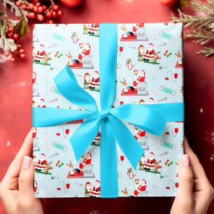 Papier Cadeau Médecin Noël avec le Père Noël Bleu Clair
