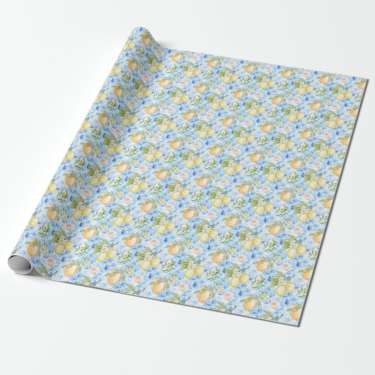 Papier Cadeau Mediterranean Blue Tile Yellow Lemon Watercolor (Déroulé)