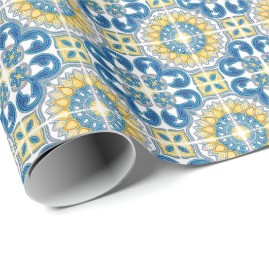 Papier Cadeau Méditerranée Italie Carreaux Bleus Shower de Marié (Coin rond)