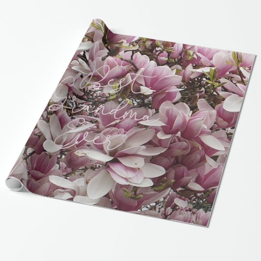 Papier Cadeau Meilleur Grand-Mère jamais rose Fleurs de Magnolia (Déroulé)