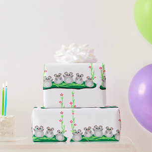 Papier Cadeau Mélange souris de dessin sur l'herbe avec fleurs