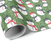 Papier Cadeau Mellow Snowmen - Xmas red on green pattern. (Coin rond)