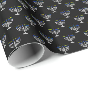 Papier Cadeau Menorah d'argent de Hanukkah sur fond noir