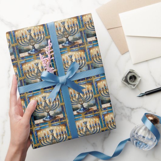 Papier Cadeau Menorah de Hanukkah bleue (Cadeaux)