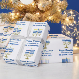 Papier Cadeau Menorah de Hanukkah Heureux Nom de famille Bleu Bl