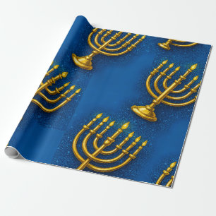 Papier Cadeau Menorah d'or sur Arrière - plan bleu brillant Hano