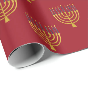 Papier Cadeau Menorah Hanoukka Bougies Bleues Dessin Vacances Ro