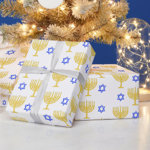 Papier Cadeau Menorahs d'or + étoiles bleues