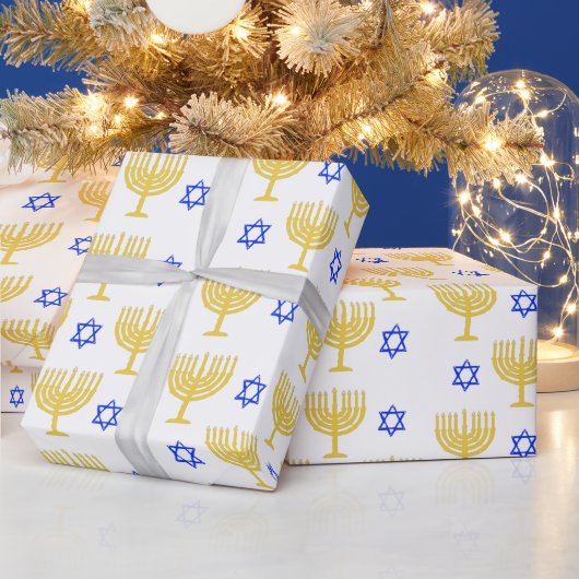 Papier Cadeau Menorahs d'or + étoiles bleues (Vacances)
