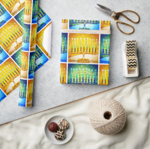 Papier Cadeau Menorahs Jaunes Bleus Hanukkah Motif Moderne Chic