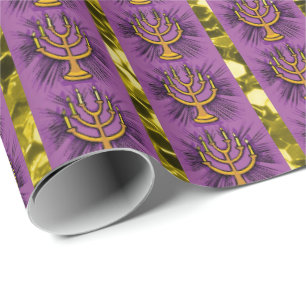 Papier Cadeau Menorahs Purple & Gold Faux Parties scintillant