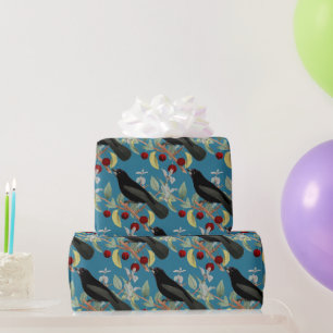 Papier Cadeau Merle de style vintage sur un artisanat bleu ou