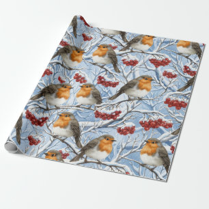 Papier Cadeau Merles d'hiver et Branches enneigées