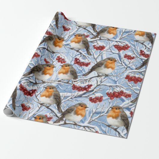 Papier Cadeau Merles d'hiver et Branches enneigées (Déroulé)