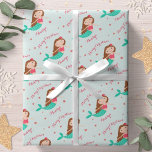 Papier Cadeau Mermaid Christmas Red Aqua Personnalisé<br><div class="desc">Ce papier d'emballage de Noël mignon présente une sirène et une étoile de mer. Personnalisez-le avec un nom.</div>
