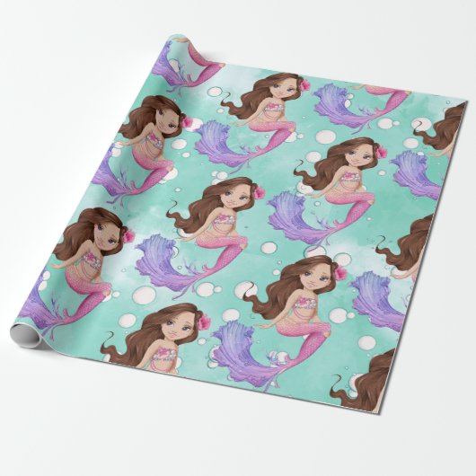 Papier Cadeau Mermaid Dark Hair Bubbles rose Bleu (Déroulé)
