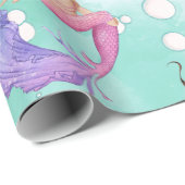 Papier Cadeau Mermaid Dark Hair Bubbles rose Bleu (Coin rond)