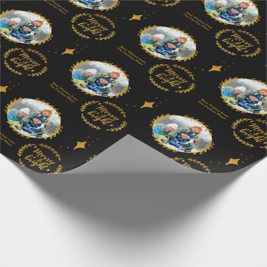 Papier Cadeau Merry & Bright w. Photo personnalisée - Or et Noir (Coin)