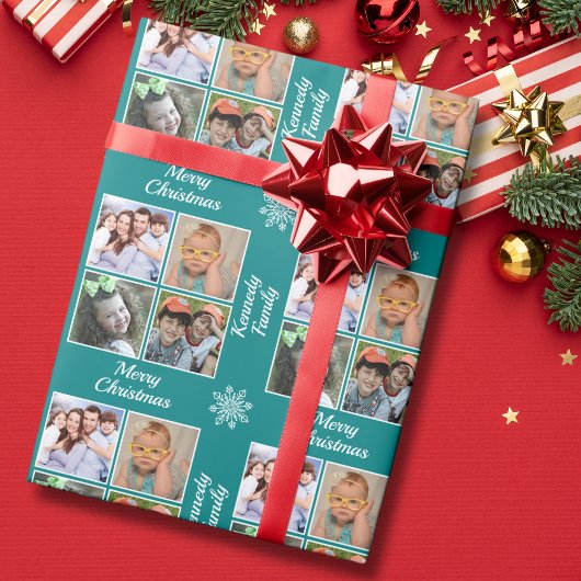 Papier Cadeau Merry Christmas 4 Photo Collage Family Name Teal