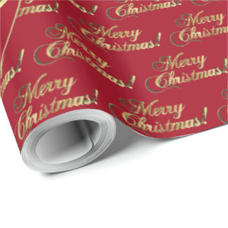 Papier Cadeau Merry Christmas Gold Foil Script Apple Red