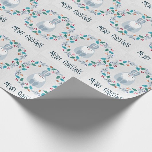 Papier Cadeau Merry Christmas Rabbit Wreath (Coin)