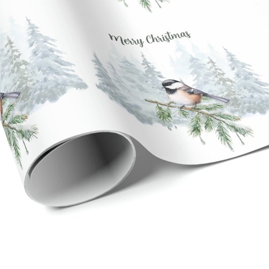 Papier Cadeau Merry Christmas Winter Spruce Tree Chickadee (Coin rond)