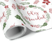 Papier Cadeau Merry Christmas Wreath espagnol, Feliz Navidad (Coin rond)