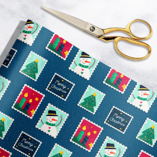 Papier Cadeau Merry Mail Blue Holiday Postage Timbres Motif