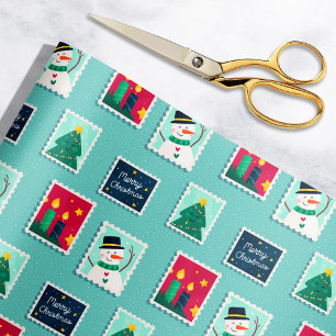 Papier Cadeau Merry Mail Turquoise Timbres Postage Motif