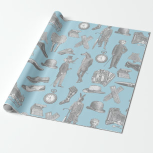 Papier Cadeau messieurs victoriens antiques animaux bleu toile h