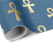 Papier Cadeau Métallurgique égyptien Ankh sur le bleu (Coin rond)