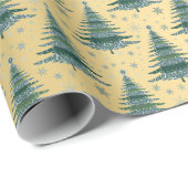 Papier Cadeau Métallurgique Vert Noël Arbres Motif (Coin rond)
