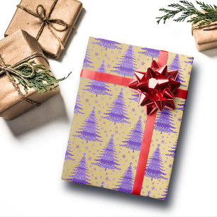 Papier Cadeau Métallurgique violet Motif de Noël Arbres de Noël