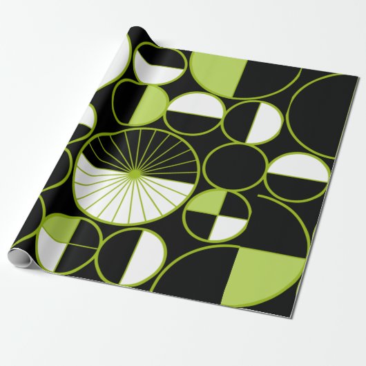 Papier Cadeau Mi-siècle Cercles modernes Moitié Chartreuse noire (Déroulé)