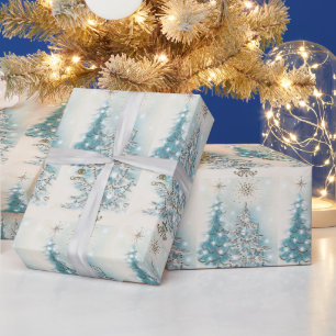 Papier Cadeau Mi-siècle Moderne Bleu Arbres de Noël Argent